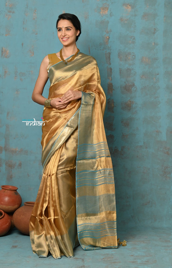 Tyohaar ~ Exquisite Golden Pure Tissue Saree With Sea Blue Border