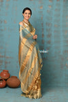 Tyohaar ~ Exquisite Golden Pure Tissue Saree With Sea Blue Border