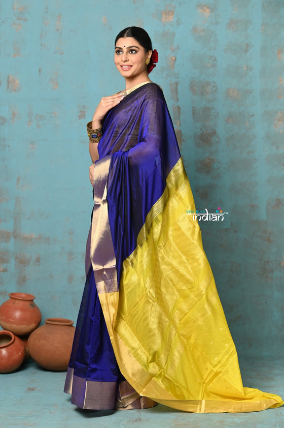 Prerna ~ Handloom Pure Chanderi Cotton Silk Saree With Golden Border - Royal Blue