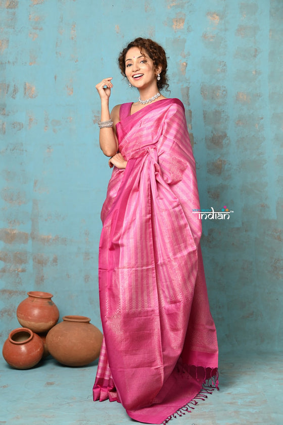 Anokhi ~ Handloom Pure Silk Saree Designer Saree Floral Self Design all over ~ Flamingo Pink (Limited Edition)