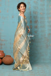 Tyohaar ~ Exquisite Beige Golden Pure Tissue Saree With Sea Blue Border