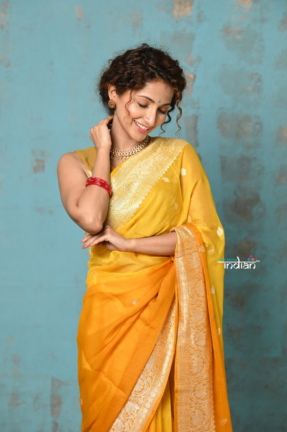 Suhaani ~ Handloom Khaddi Georgette Saree With Sleek Border ~ Ombre Yellow (Silk Mark)