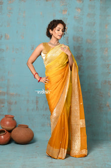  Suhaani ~ Handloom Khaddi Georgette Saree With Sleek Border ~ Ombre Yellow (Silk Mark)