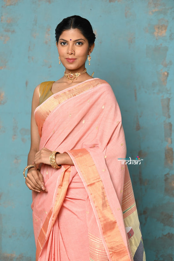 Tyohaar ~ Handloom Pure Cotton Paithani With Instrumental Pallu ~ Peach