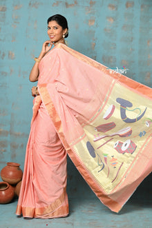  Tyohaar ~ Handloom Pure Cotton Paithani With Instrumental Pallu ~ Peach