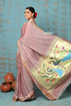 Tyohaar ~ Handloom Pure Cotton Paithani With Peacock Pallu ~ Rose Gold