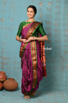  Tyohaar ~ Authentic Pure Silk Handloom Nauvari Paithani Saree in Magenta with Green Border