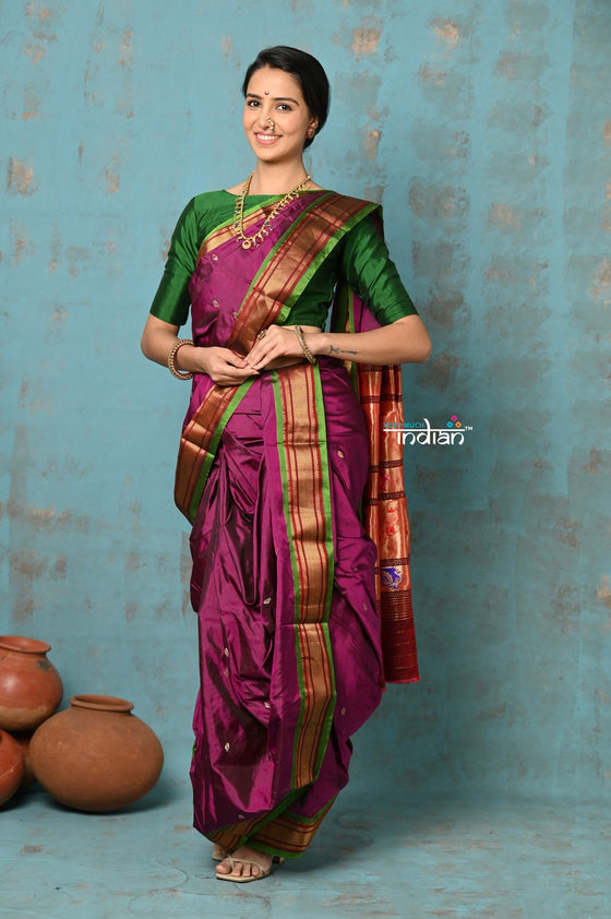 Tyohaar ~ Authentic Pure Silk Handloom Nauvari Paithani Saree in Magenta with Green Border