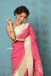 Tyohaar ~ Handloom Pure Cotton Muniya Border Saree With Handcrafted Parrot Pallu in Rose Pink