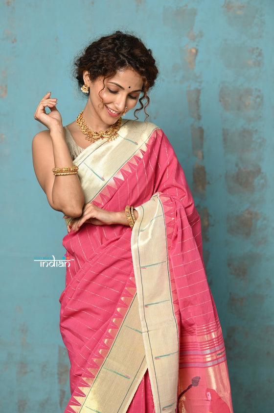 Tyohaar ~ Handloom Pure Cotton Muniya Border Saree With Handcrafted Parrot Pallu in Rose Pink