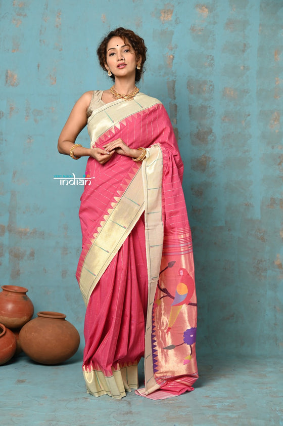 Tyohaar ~ Handloom Pure Cotton Muniya Border Saree With Handcrafted Parrot Pallu in Rose Pink