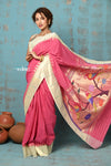 Tyohaar ~ Handloom Pure Cotton Muniya Border Saree With Handcrafted Parrot Pallu in Rose Pink