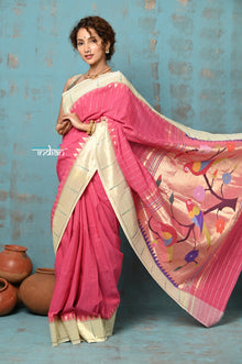  Tyohaar ~ Handloom Pure Cotton Muniya Border Saree With Handcrafted Parrot Pallu in Rose Pink