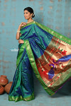 Tyohaar ~ Chandrakala: Handloom Pure Silk Paithani Saree with Traditional Peacock Pallu ~ Dual Tone Blue Green (By Government Certified Weavers)