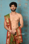 Ojas~ Dual Tone Handloom Pure Silk Red Green Paithani Dhoti and Shella With Golden Borders