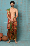 Ojas~ Dual Tone Handloom Pure Silk Red Green Paithani Dhoti and Shella With Golden Borders