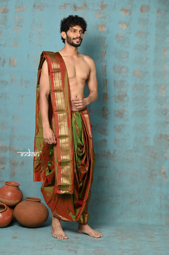 Ojas~ Dual Tone Handloom Pure Silk Red Green Paithani Dhoti and Shella With Golden Borders