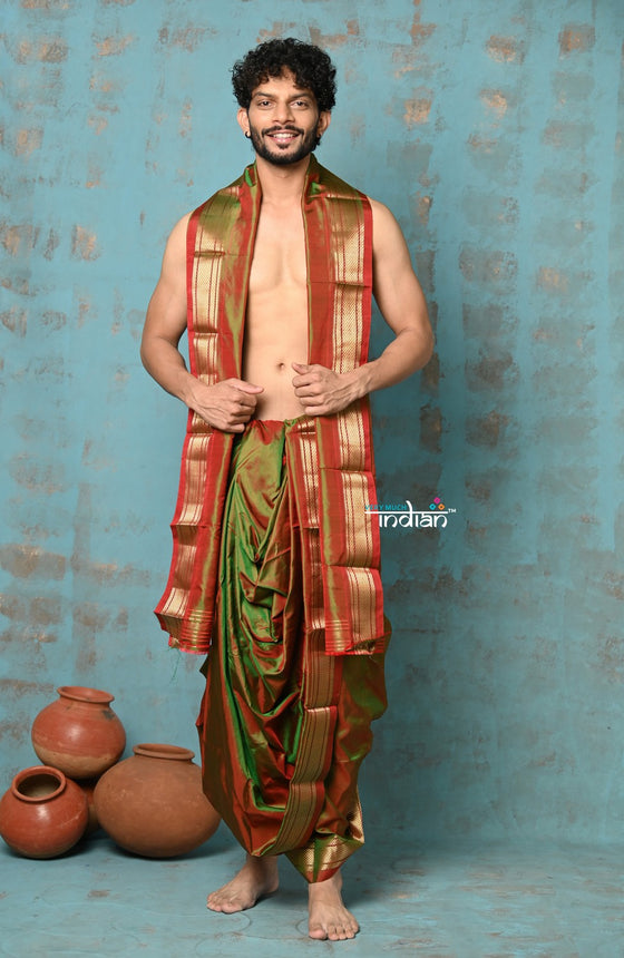 Ojas~ Dual Tone Handloom Pure Silk Red Green Paithani Dhoti and Shella With Golden Borders