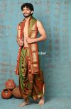 Ojas~ Dual Tone Handloom Pure Silk Red Green Paithani Dhoti and Shella With Golden Borders