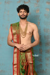 Ojas~ Dual Tone Handloom Pure Silk Red Green Paithani Dhoti and Shella With Golden Borders