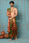 Ojas~ Dual Tone Handloom Pure Silk Red Green Paithani Dhoti and Shella With Golden Borders