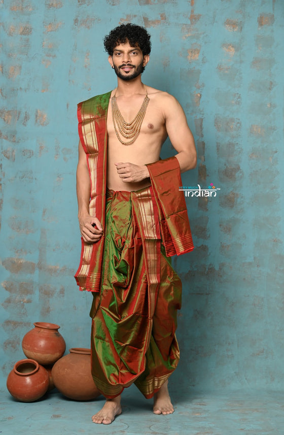 Ojas~ Dual Tone Handloom Pure Silk Red Green Paithani Dhoti and Shella With Golden Borders