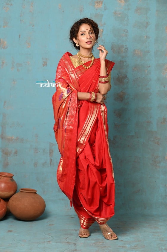 Tyohaar ~ Authentic Pure Cotton Handloom Nauvari Paithani Saree in Bright Red