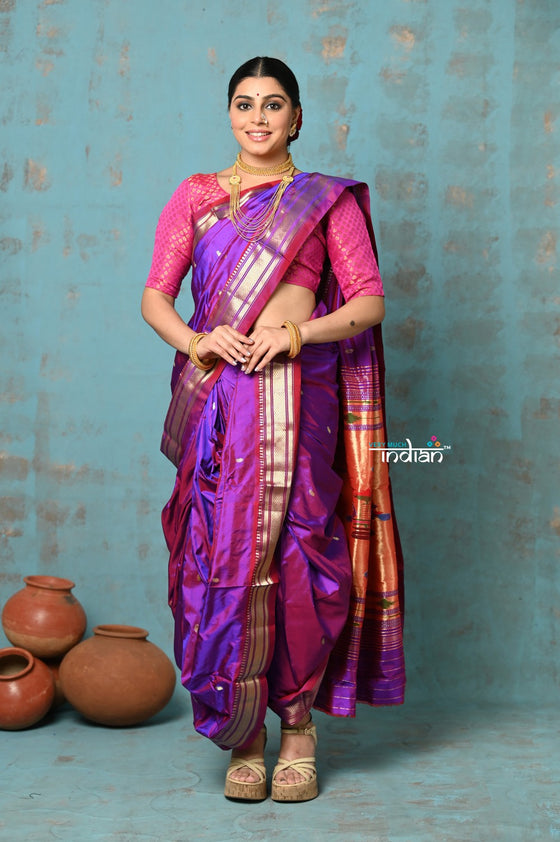 Tyohaar ~ Authentic Pure Silk Handloom Nauvari Paithani Saree in Dual Tone Pink Purple