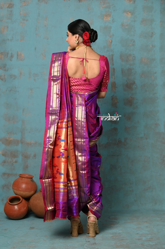 Tyohaar ~ Authentic Pure Silk Handloom Nauvari Paithani Saree in Dual Tone Pink Purple