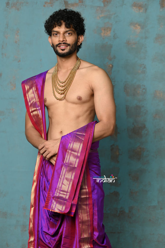 Ojas~ Dual Tone Pink Purple Paithani Dhoti and Angvastram(Shella) With Golden Borders