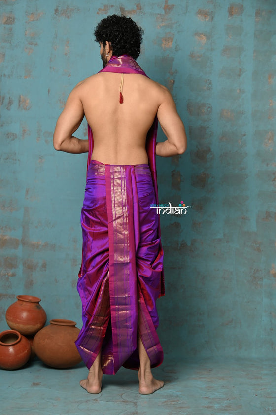 Ojas~ Dual Tone Pink Purple Paithani Dhoti and Angvastram(Shella) With Golden Borders