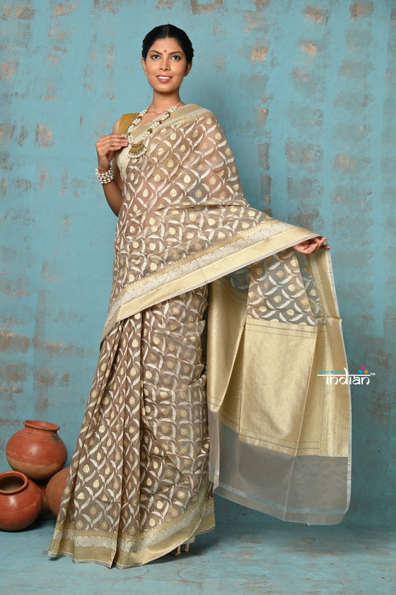 Tejaswi ~ Exclusive High Quality Handloom Banarasi Cotton Saree with Beautiful Abstract Print- Warm Slate