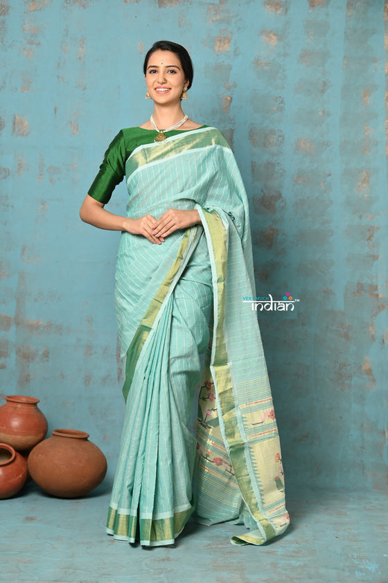 Tyohaar ~ Handloom Pure Cotton Paithani With Revival Asawali Pallu ~ Sea Blue