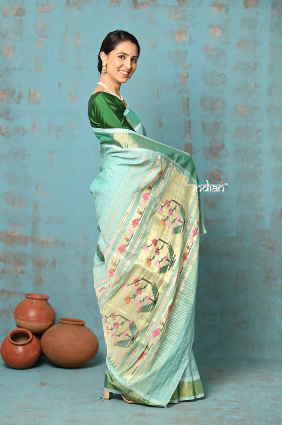 Tyohaar ~ Handloom Pure Cotton Paithani With Revival Asawali Pallu ~ Sea Blue