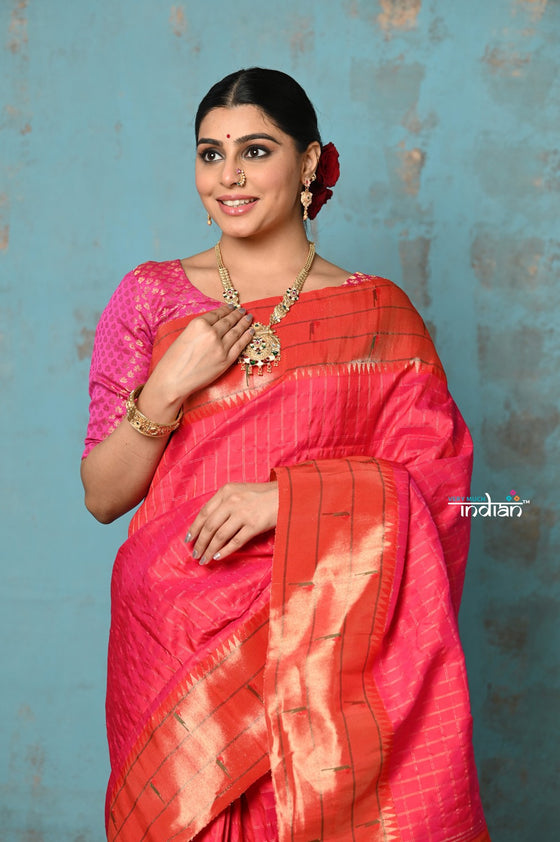 Tyohaar ~ Handloom Pure Silk Triple Muniya Border Paithani Saree with golden checks and dense peacocks pallu ~ Hot Pink