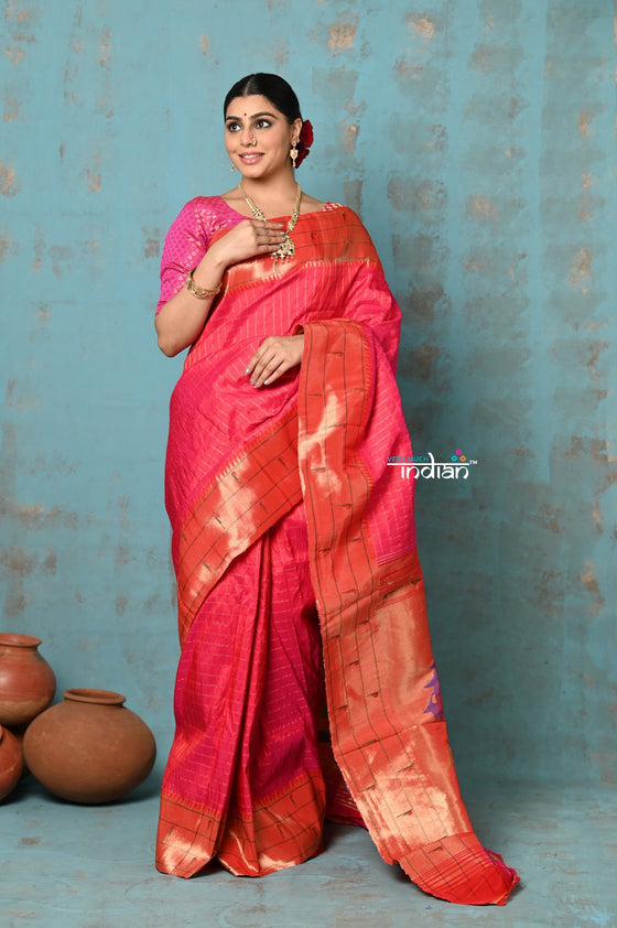 Tyohaar ~ Handloom Pure Silk Triple Muniya Border Paithani Saree with golden checks and dense peacocks pallu ~ Hot Pink