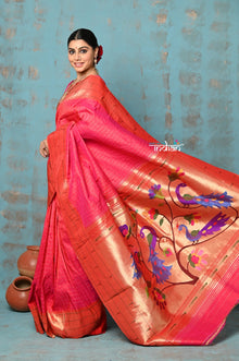  Tyohaar ~ Handloom Pure Silk Triple Muniya Border Paithani Saree with golden checks and dense peacocks pallu ~ Hot Pink