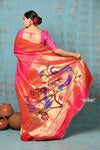 Tyohaar ~ Handloom Pure Silk Triple Muniya Border Paithani Saree with golden checks and dense peacocks pallu ~ Hot Pink