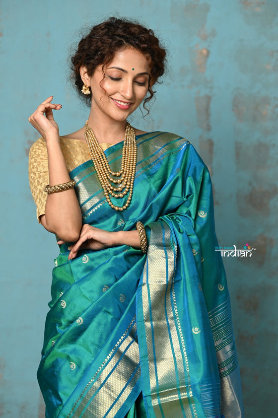 Tyohaar ~ Chandrakala: Handloom Pure Silk Paithani Saree with Traditional Peacock Pallu ~ Dual Tone Blue Green (By Government Certified Weavers)