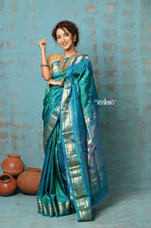  Tyohaar ~ Chandrakala: Handloom Pure Silk Paithani Saree with Traditional Peacock Pallu ~ Dual Tone Blue Green (By Government Certified Weavers)