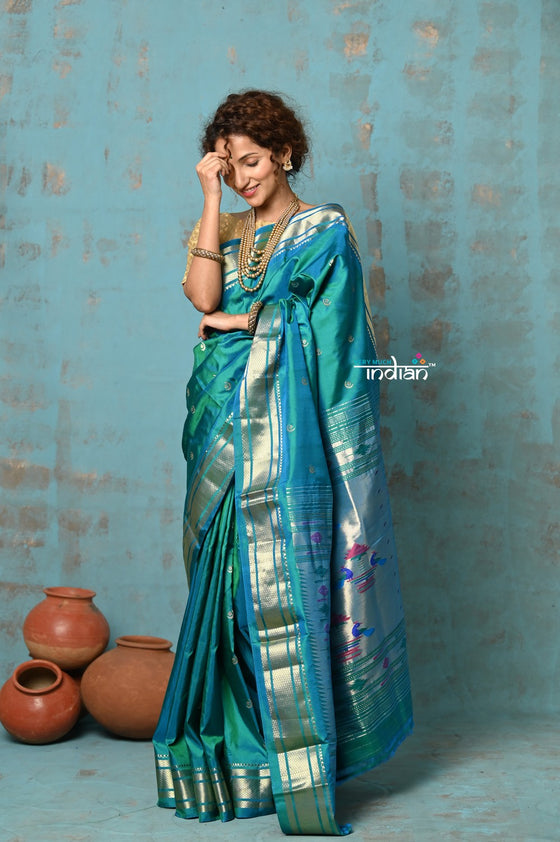 Tyohaar ~ Chandrakala: Handloom Pure Silk Paithani Saree with Traditional Peacock Pallu ~ Dual Tone Blue Green (By Government Certified Weavers)