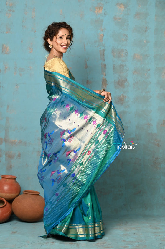 Tyohaar ~ Chandrakala: Handloom Pure Silk Paithani Saree with Traditional Peacock Pallu ~ Dual Tone Blue Green (By Government Certified Weavers)