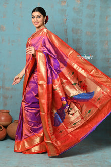  Tyohaar ~ Chandrakala: Handloom Pure Silk Paithani Saree with Traditional Peacock Pallu ~ Dual Tone Pink Orange (By Government Certified Weavers)