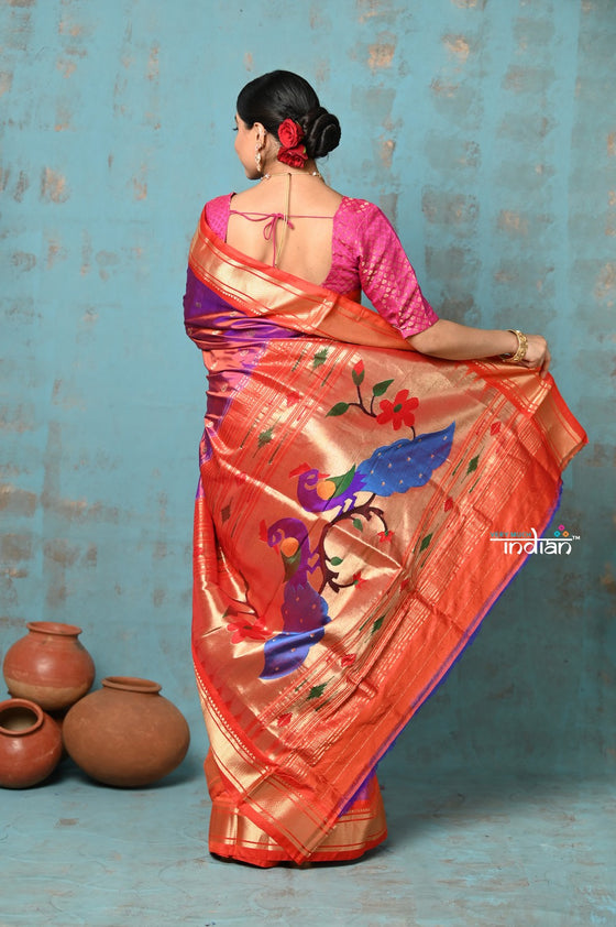 Tyohaar ~ Chandrakala: Handloom Pure Silk Paithani Saree with Traditional Peacock Pallu ~ Dual Tone Pink Orange (By Government Certified Weavers)