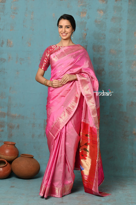 Tyohaar ~ Handloom Pure Silk Paithani Saree with Traditional Peacock Pallu ~ Pastel Pink (By Government Certified Weavers)