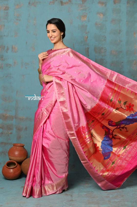 Tyohaar ~ Handloom Pure Silk Paithani Saree with Traditional Peacock Pallu ~ Pastel Pink (By Government Certified Weavers)