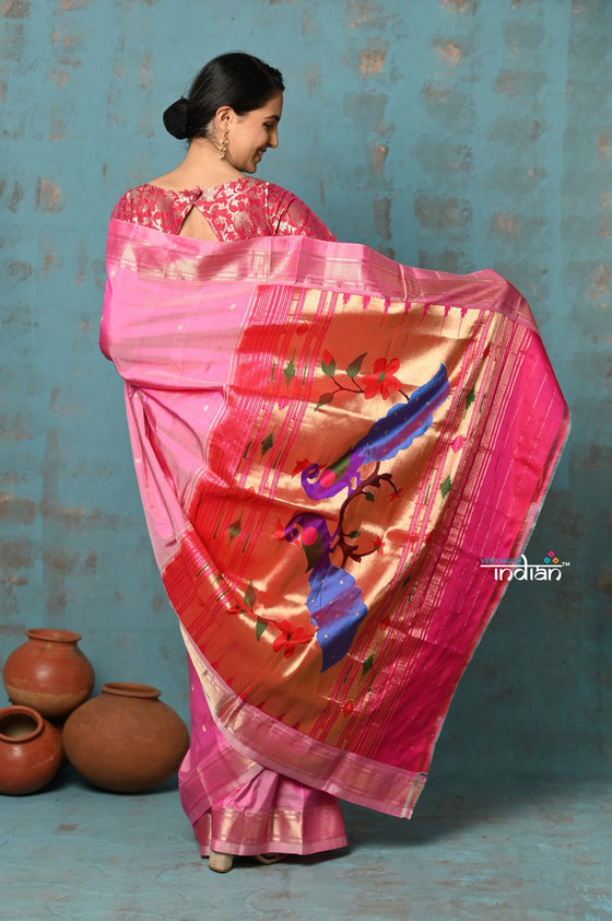 Tyohaar ~ Handloom Pure Silk Paithani Saree with Traditional Peacock Pallu ~ Pastel Pink (By Government Certified Weavers)