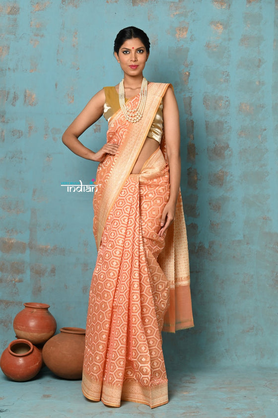 Tejaswi ~ Exclusive High Quality Handloom Banarasi Cotton Saree with Beautiful Abstract Print- Peach