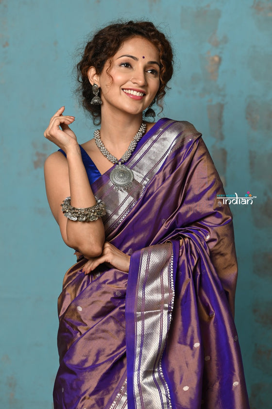 Tyohaar ~ Chandrakala: Handloom Pure Silk Paithani Saree with Traditional Peacock Pallu ~ Dual Tone Purple (By Government Certified Weavers)