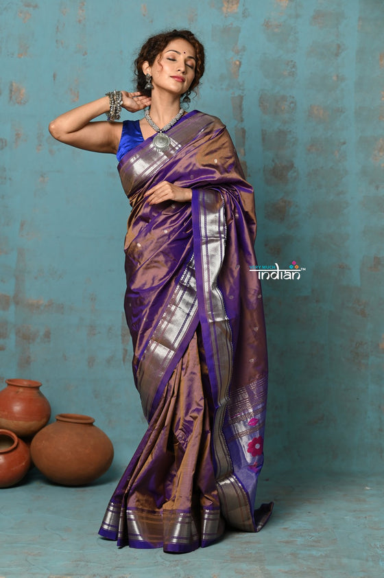 Tyohaar ~ Chandrakala: Handloom Pure Silk Paithani Saree with Traditional Peacock Pallu ~ Dual Tone Purple (By Government Certified Weavers)